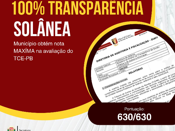 Município de Solânea obtém nota máxima na avaliação do TCE-PB.